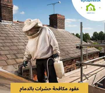 فني يرتدي بدلة حماية ويقوم برش المبيد لمكافحة الحشرات على سطح المنزل في الدمام.